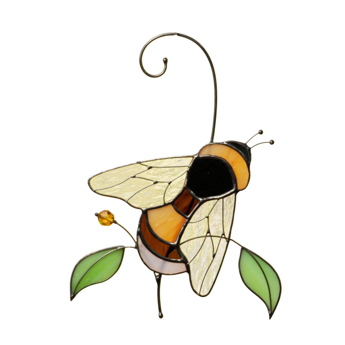 Glass bumble bee suncatcher against a white background.