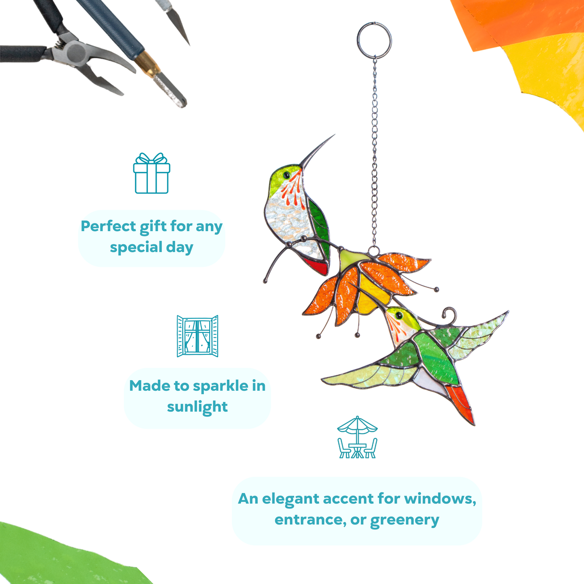 Stained glass suncatcher of two hummingbirds, featured as a joyful and sunny gift or decor idea.
