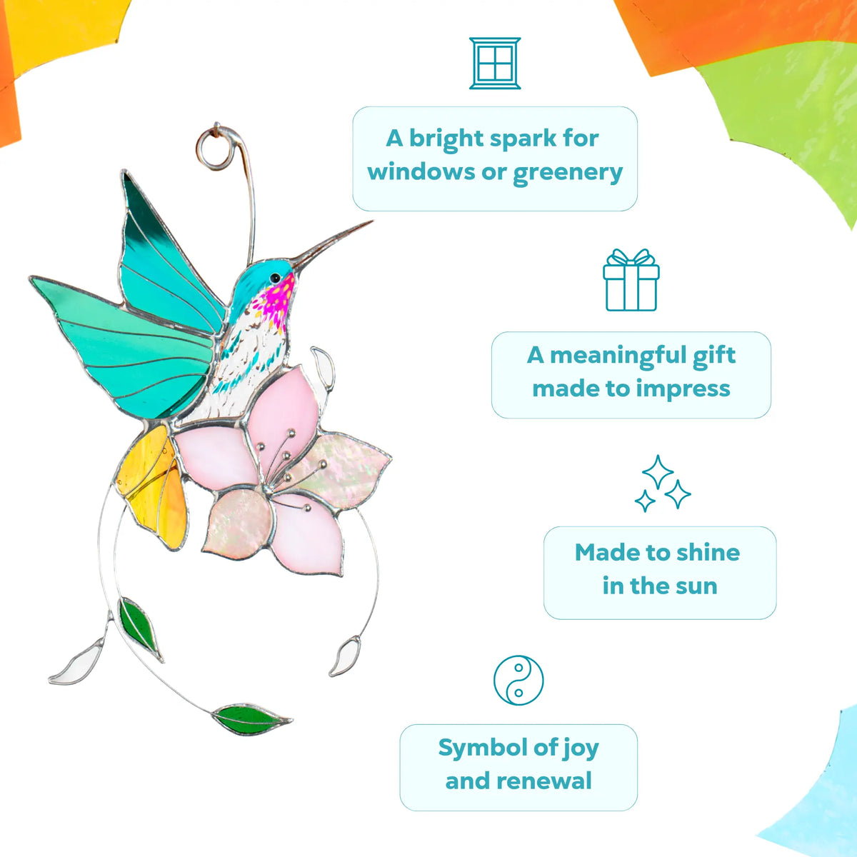 Stained glass hummingbird and flower decoration as a meaningful gift