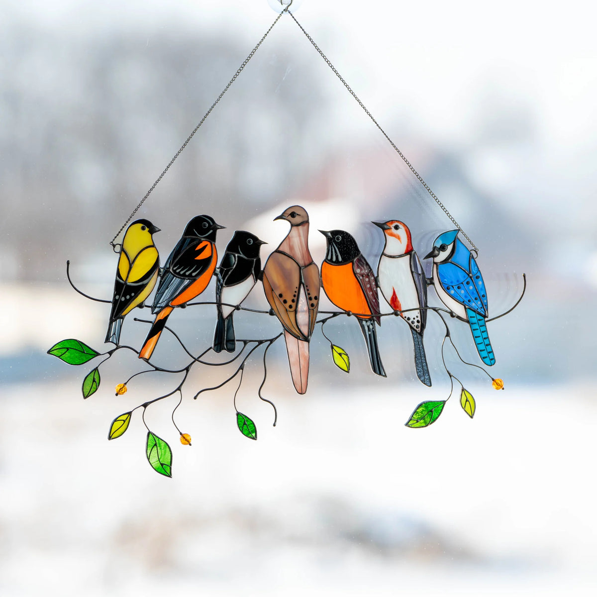 Siete pájaros en la rama - Atrapasol de vitral