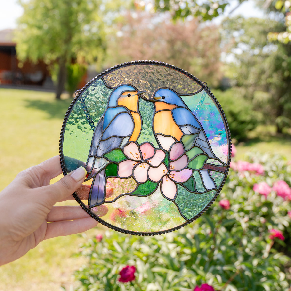 modern stained glass bluebirds window hanging
