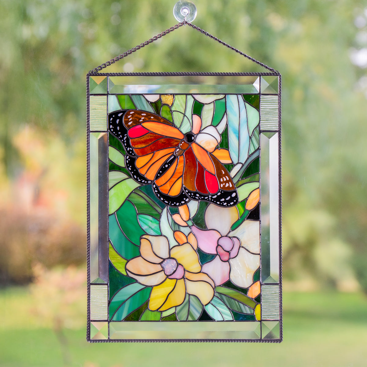 Monarch Butterfly with Orchids - Stained Glass Panel
