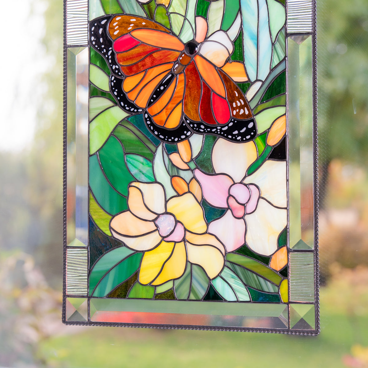 Monarch Butterfly with Orchids - Stained Glass Panel