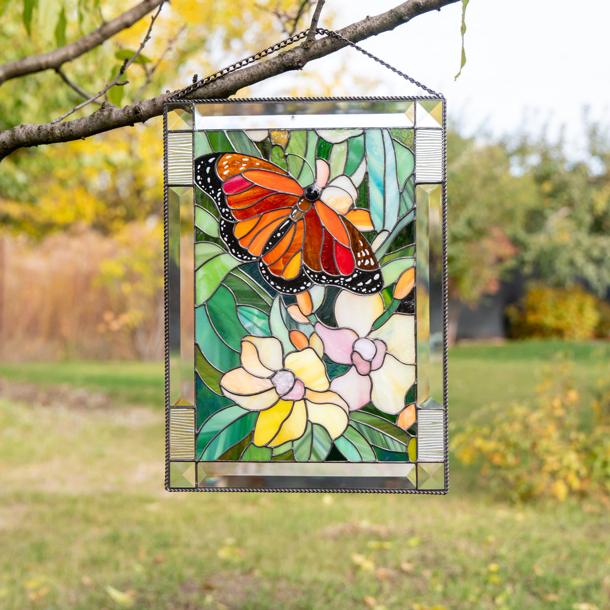 Monarch Butterfly with Orchids - Stained Glass Panel