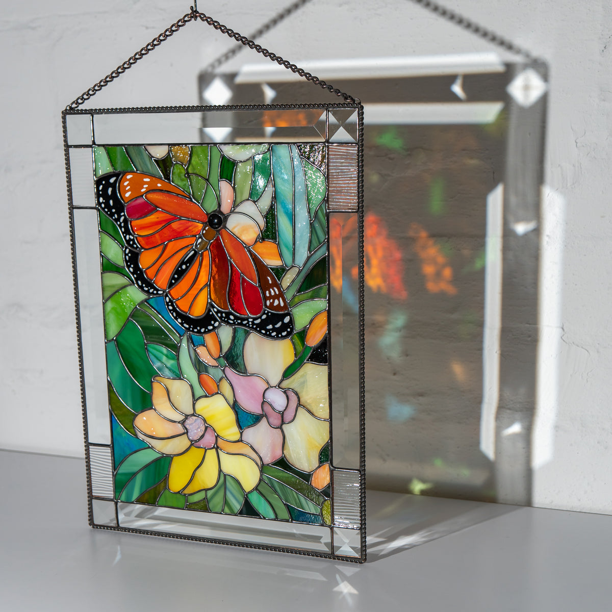 Monarch Butterfly with Orchids - Stained Glass Panel