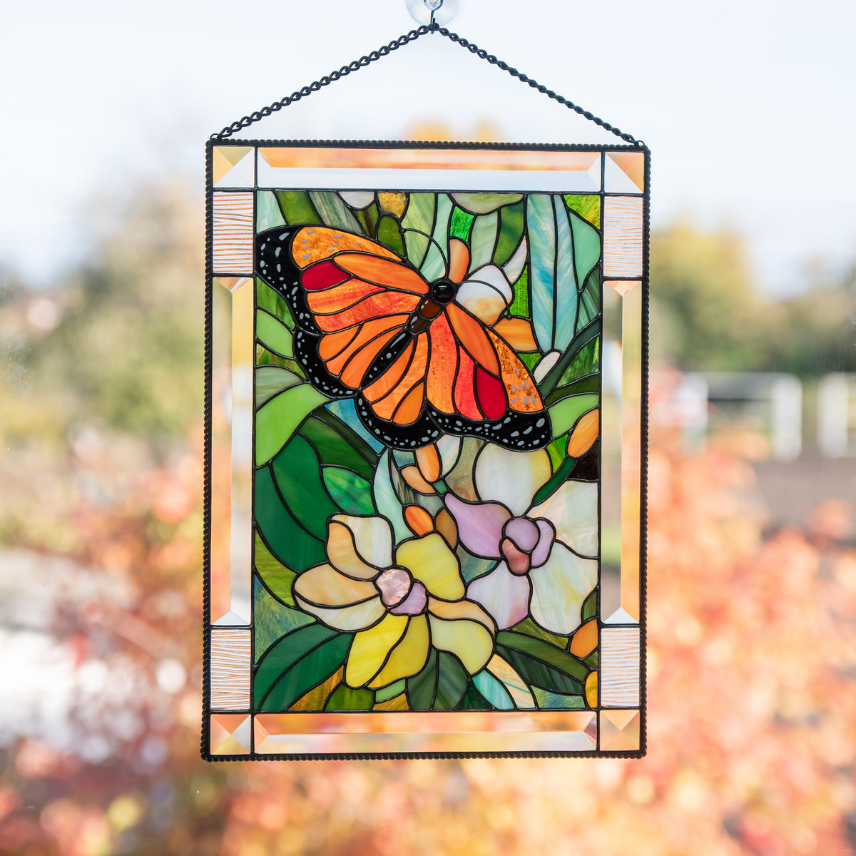 Monarch Butterfly with Orchids - Stained Glass Panel