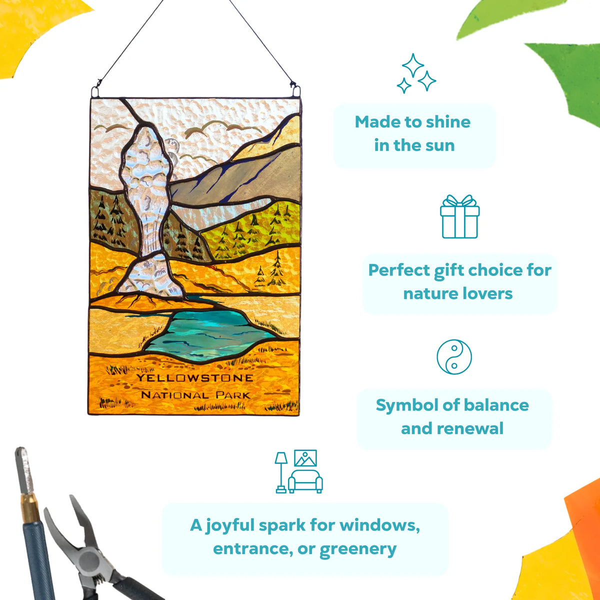 Stained glass Yellowstone geyser panel shown with text highlighting its renewal symbolism and perfect gift potential.