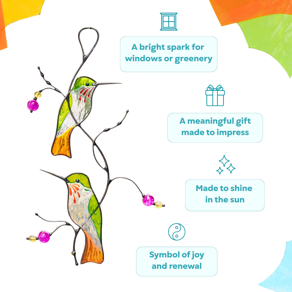 Stained glass hummingbird ornament with colorful design on a white background