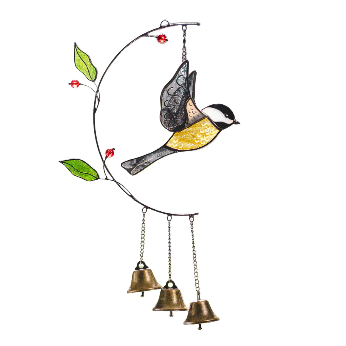 Stained glass wind chime with bird design and bells on a white background