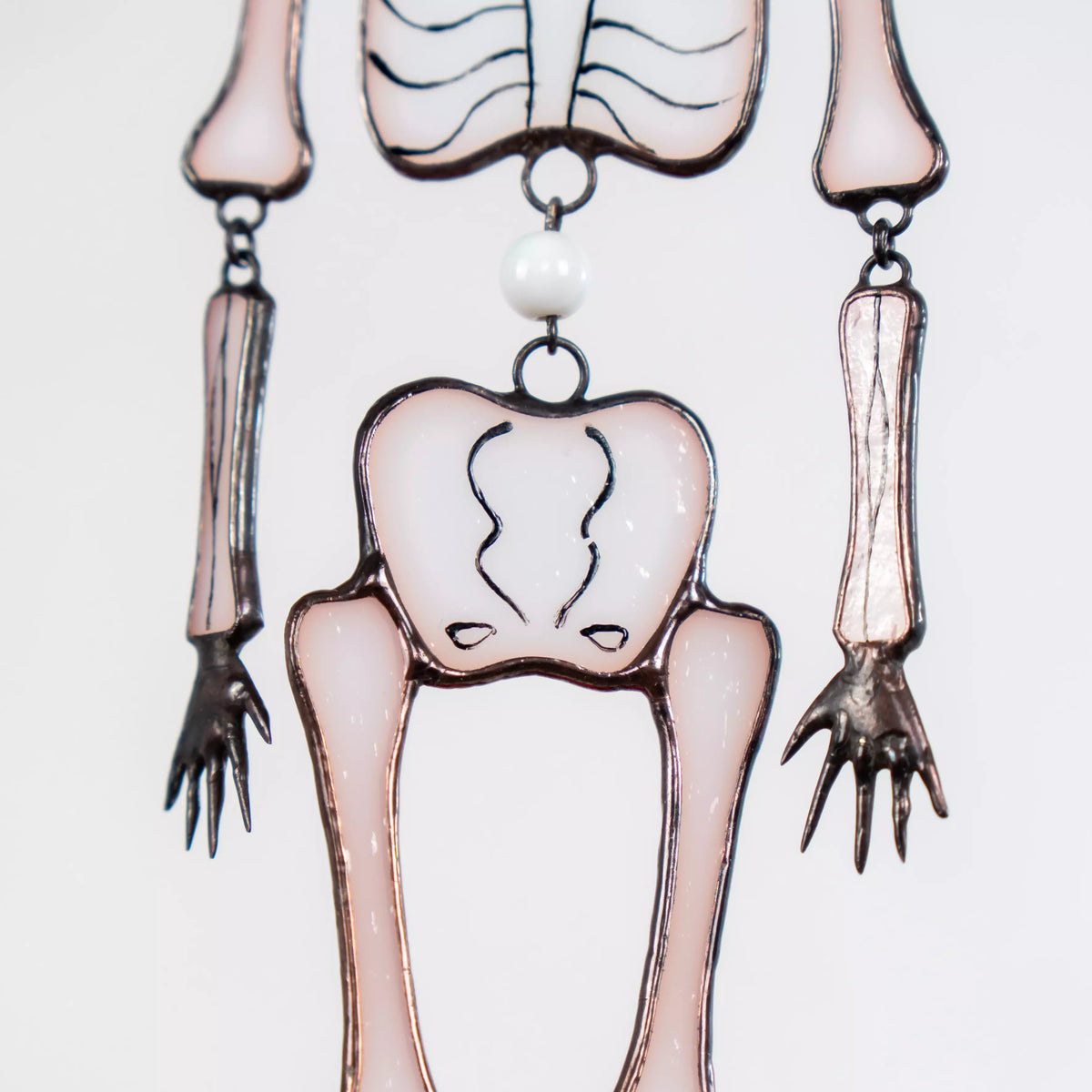 Close shot of pelvic bones and skeletal hands in glass suncatcher