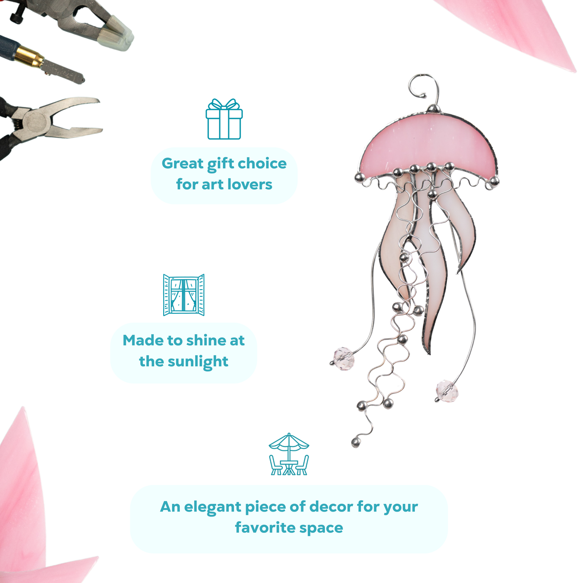 Pink stained glass jellyfish with captions: gift for art lovers, shines in sunlight, decor accent.