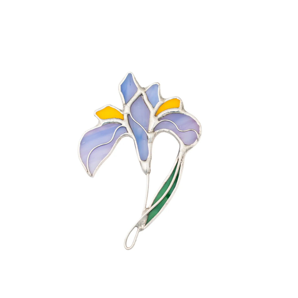 Lilac iris stained glass brooch with blue, yellow, and green colors on a white background