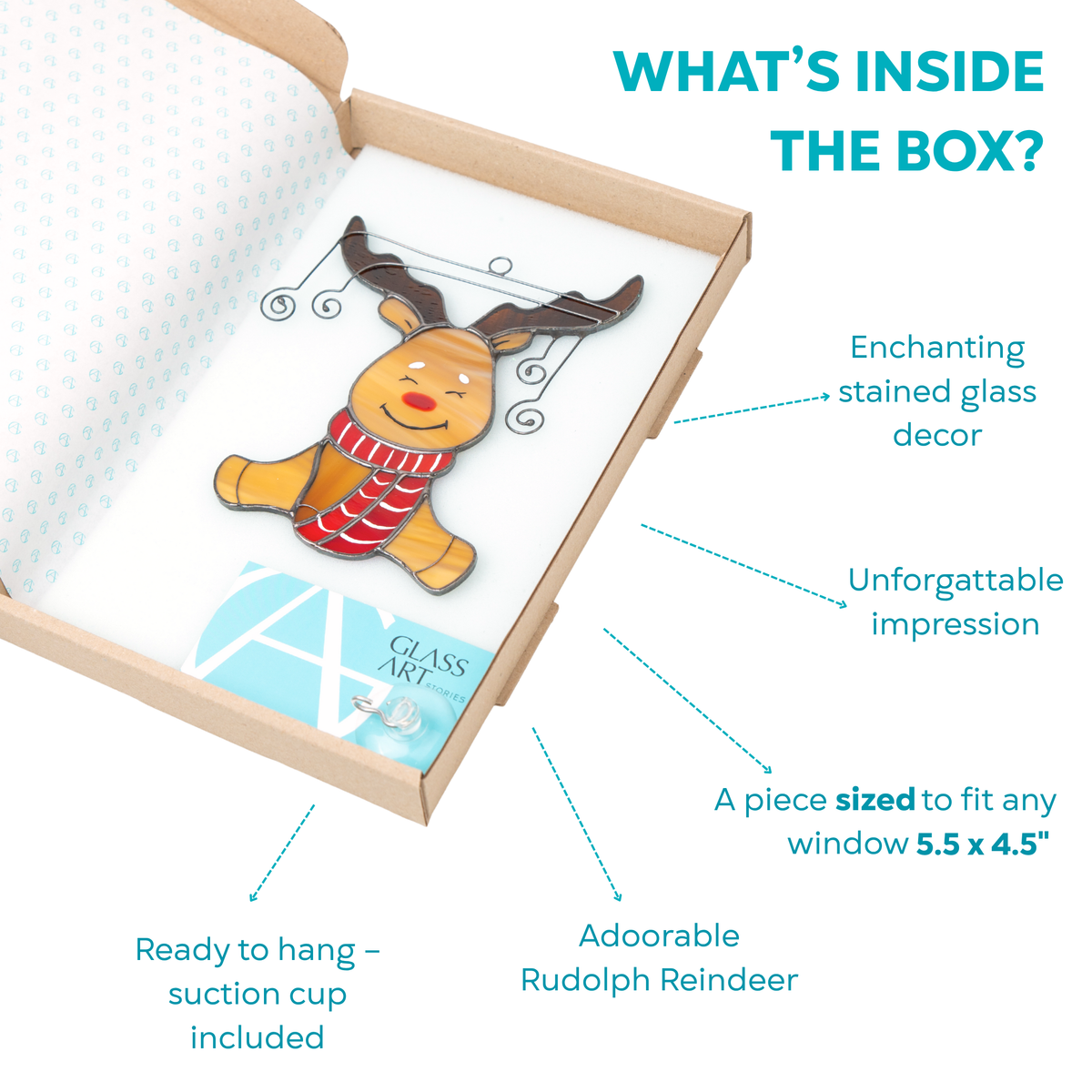 Packaging image of a stained glass reindeer in a gift box with label, hook, and decorative wrapping.