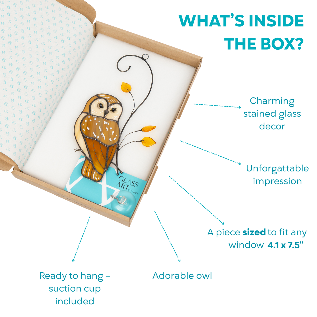 Open box showing stained glass owl with suction cup and label about its size and charm.