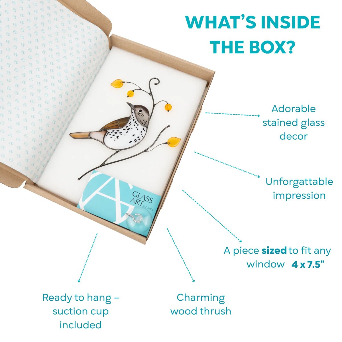 Glass art product with wood thrush suncatcher, packaging, and text describing features.