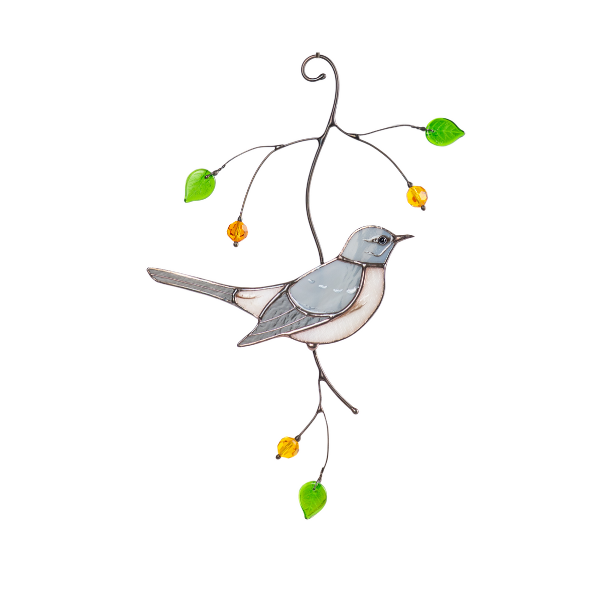 Full view of stained glass mockingbird with glass leaves and beads