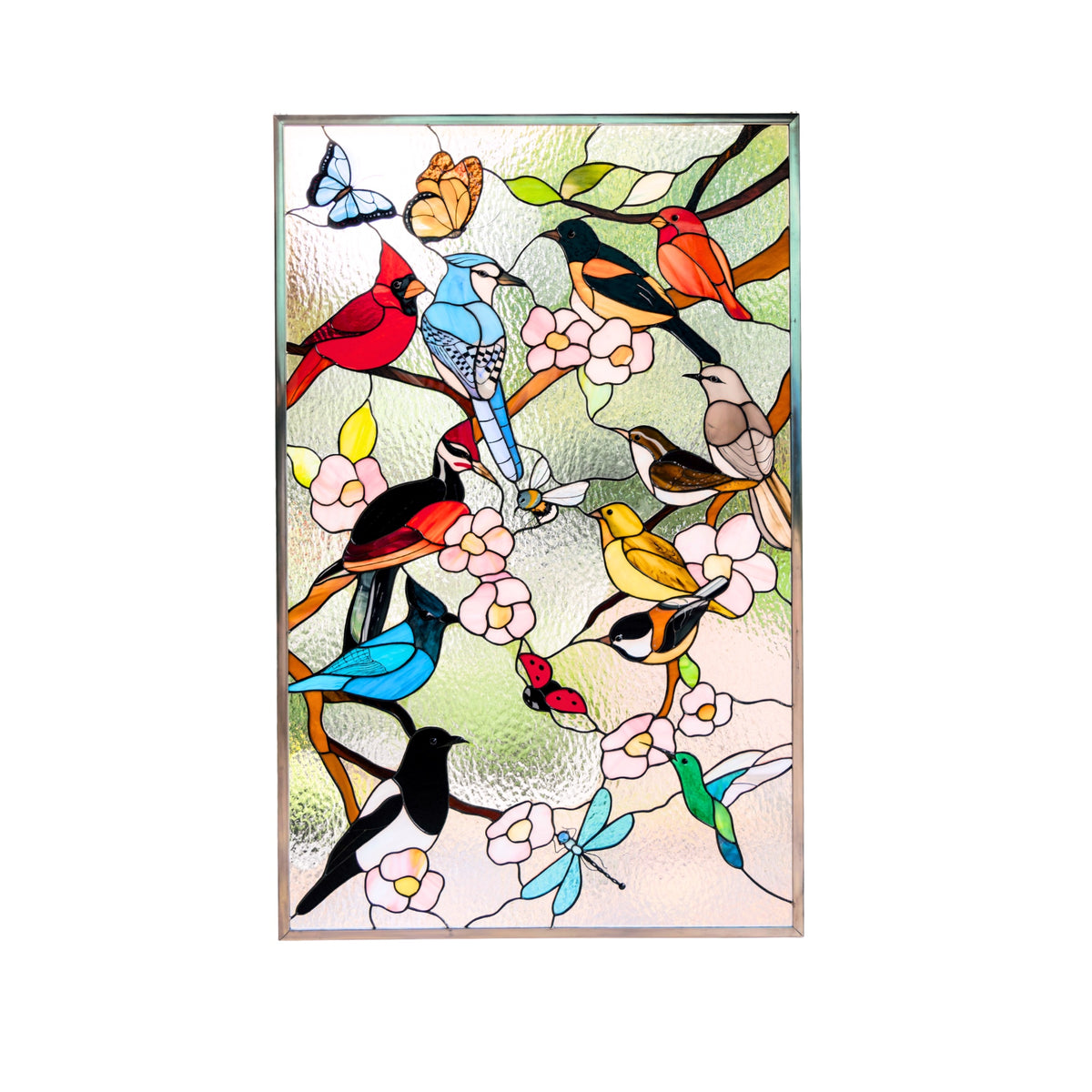 Aves coloridas en ramas - Panel de vitral personalizado