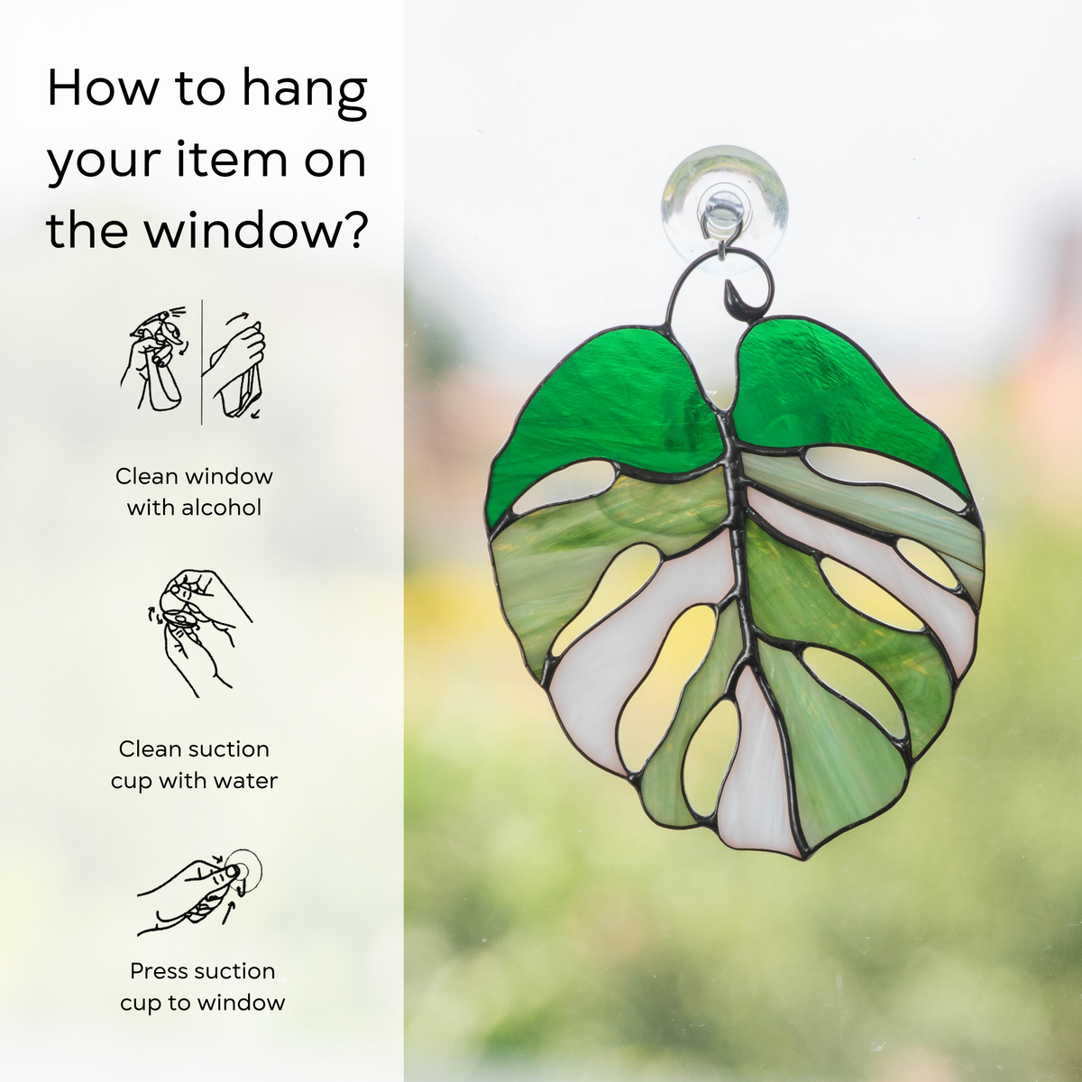 How to hang your stained glass suncatcher: clean window, moisten suction cup, press gently — safe and easy setup