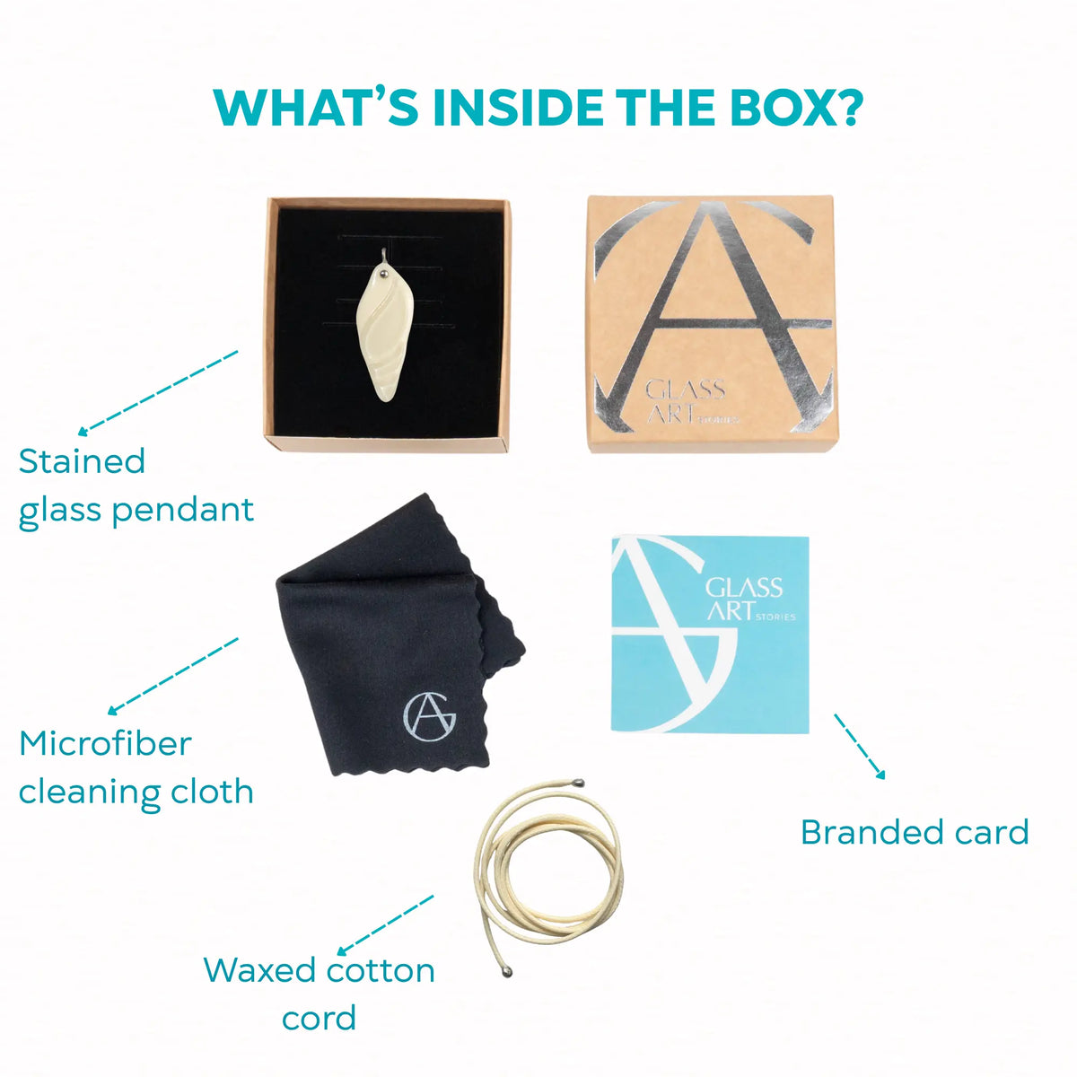 Product packaging with stained glass pendant, microfiber cleaning cloth, waxed cotton cord, and branded card on a white background.