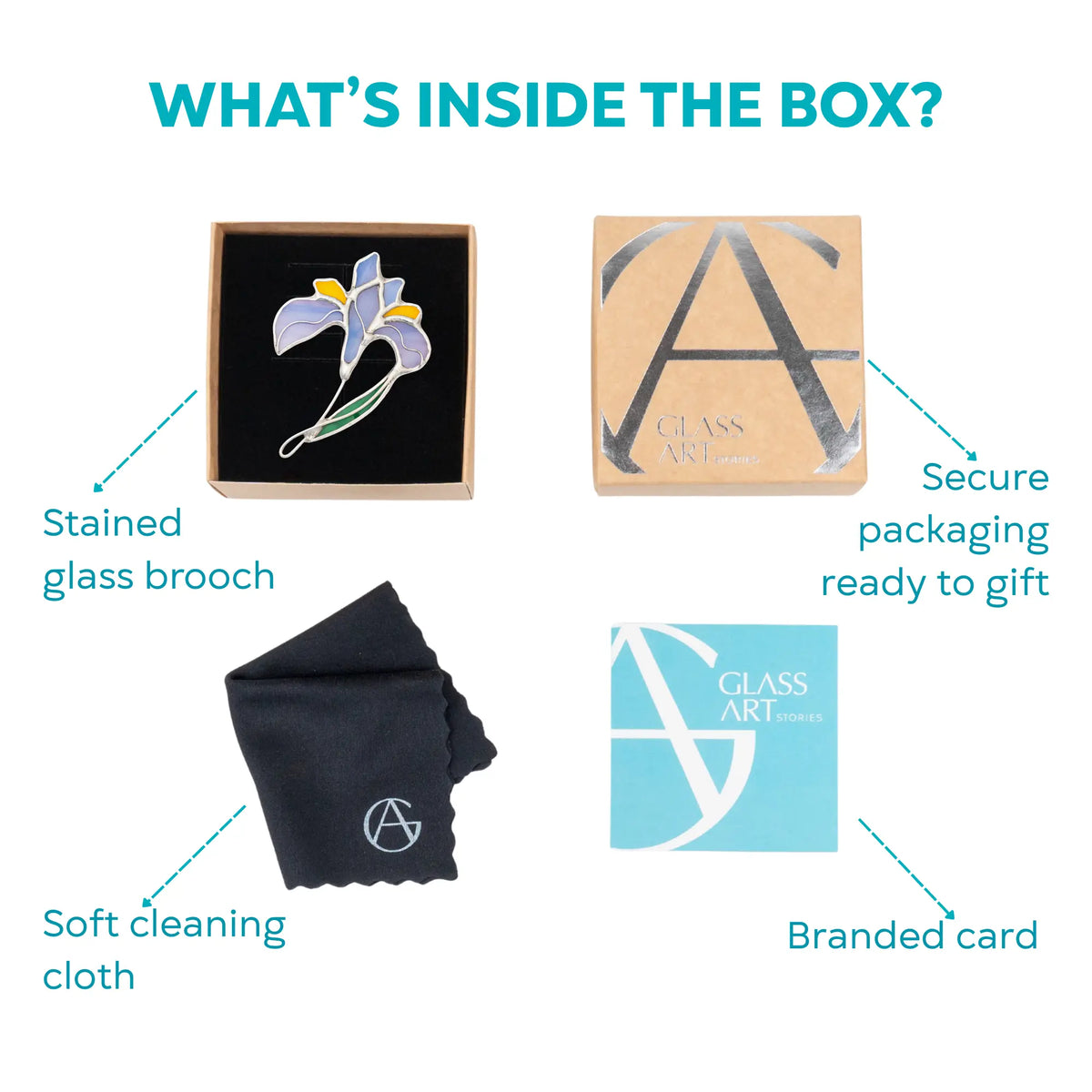 Product packaging with stained glass lilac iris brooch, soft cleaning cloth, branded card, and secure packaging ready to gift.