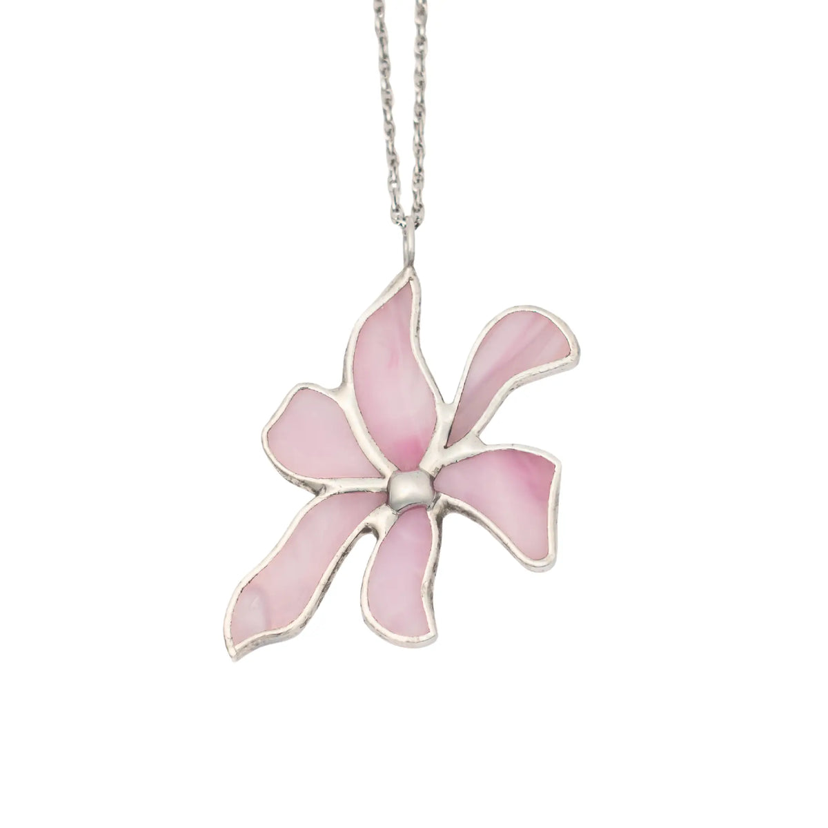 Pink flower stained glass pendant on a chain against a white background