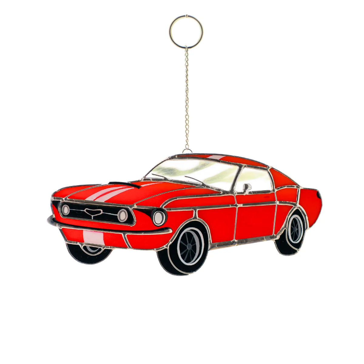 Red car stained glass suncatcher on a white background