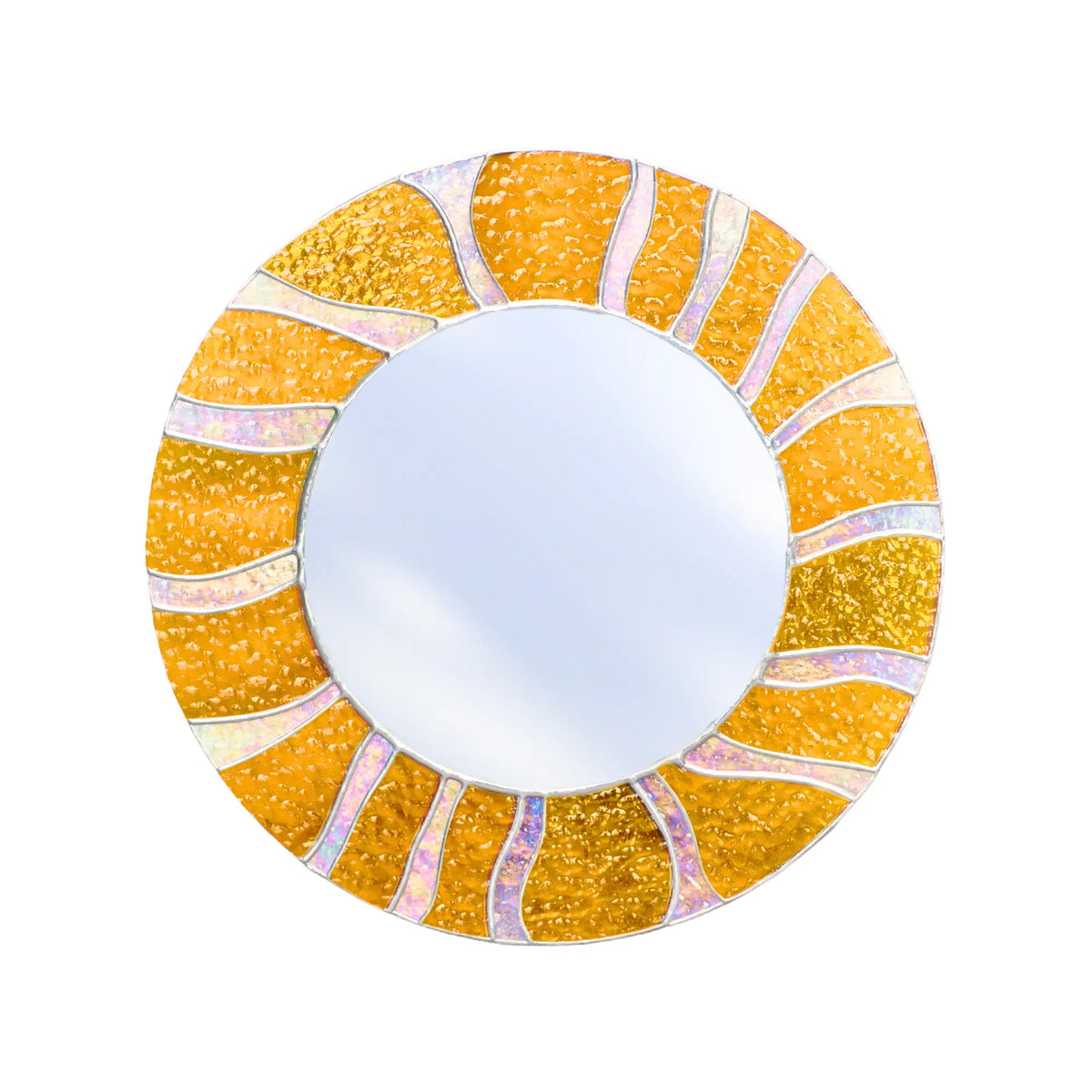 Round stained glass mirror with a decorative yellow and pink frame on a white background