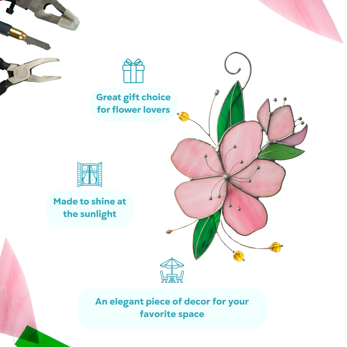 Handmade stained glass cherry blossom suncatcher – graceful sakura flower in pink and green, 7.2 inches, ready to brighten your window or garden.