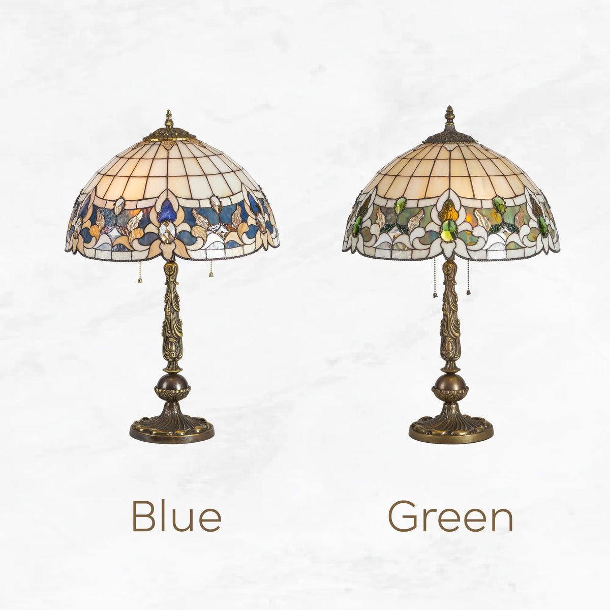Variation of two Tiffany-style lamps in blue and green versions shown together 