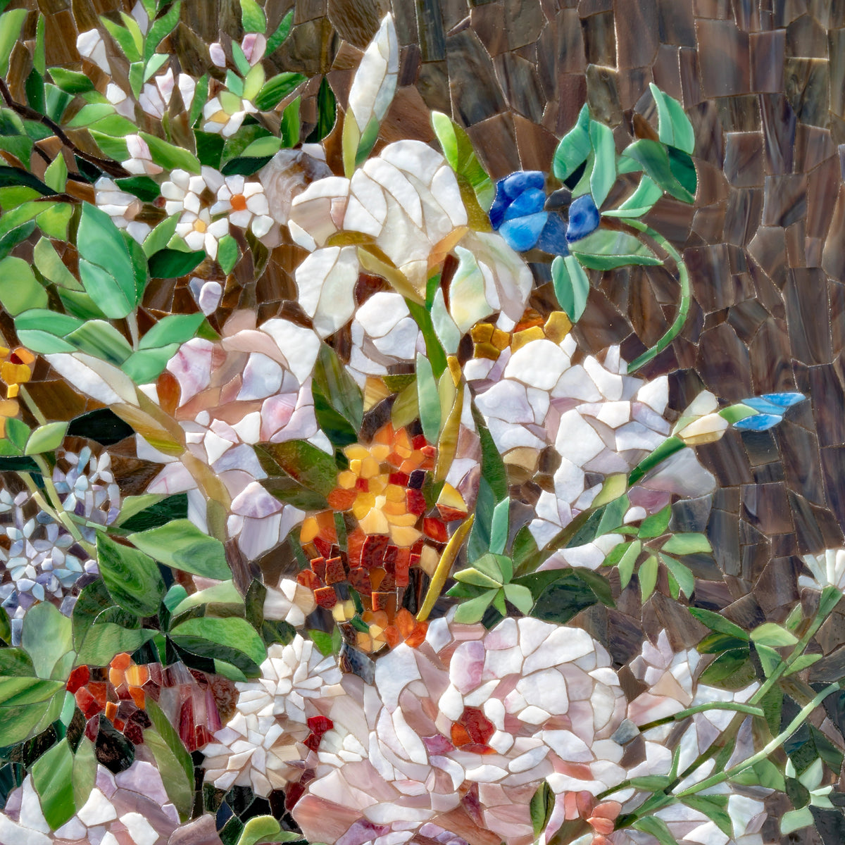 Macro view of stained glass mosaic texture with spring flowers, including roses, lilacs, and small white blossoms, arranged in a dynamic Renoir-inspired composition.