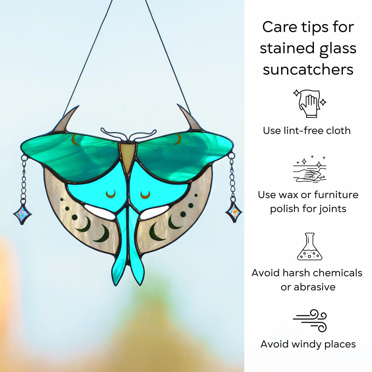 A guide on cleaning and maintaining a Luna Moth stained glass suncatcher for long-lasting sparkle: use lint-free cloth, polish joints with car wax or furniture polish, avoid harsh chemicals, and windy places.
