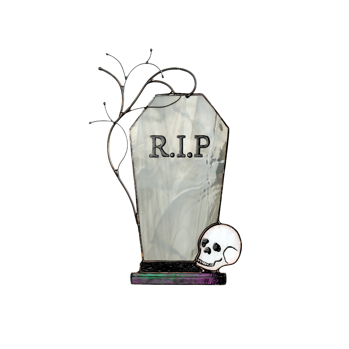 Gray stained glass tombstone with “R.I.P” inscription and white skull on a white background.