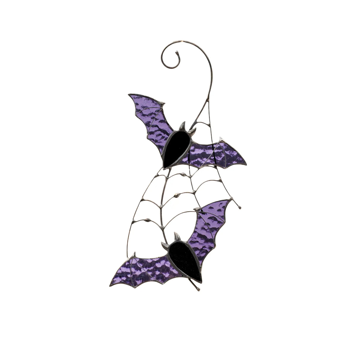 Two stained glass bats with purple wings on spiderweb frame hanging ornament