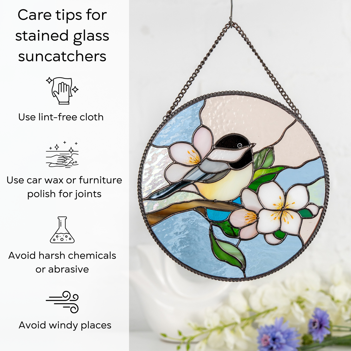 Close-up of chickadee panel indoors next to care guide: use lint-free cloth, wax joints, avoid wind and abrasives