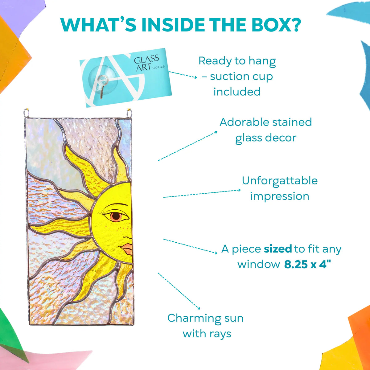 Stained glass panel with sun design on a colorful background as an unforgettable impression gift