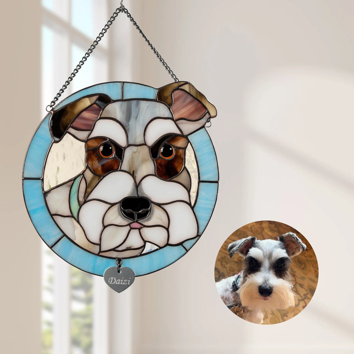 Stained glass panel dog portrait with a photo of a dog named Daizi on a light background