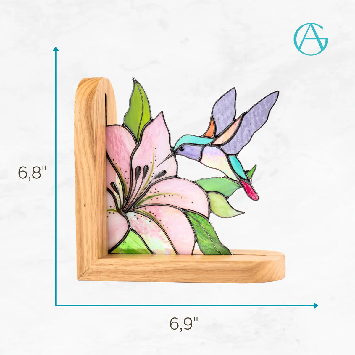 Stained glass hummingbird with pink flower bookend with dimensions 6,8 x 6,9 inches