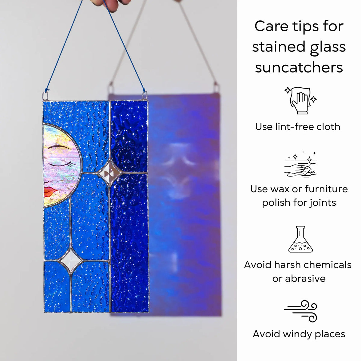 Stained glass suncatcher with care tips on a white background: use lint-free cloth, polish joints with car wax or furniture polish, avoid harsh chemicals, and windy places.