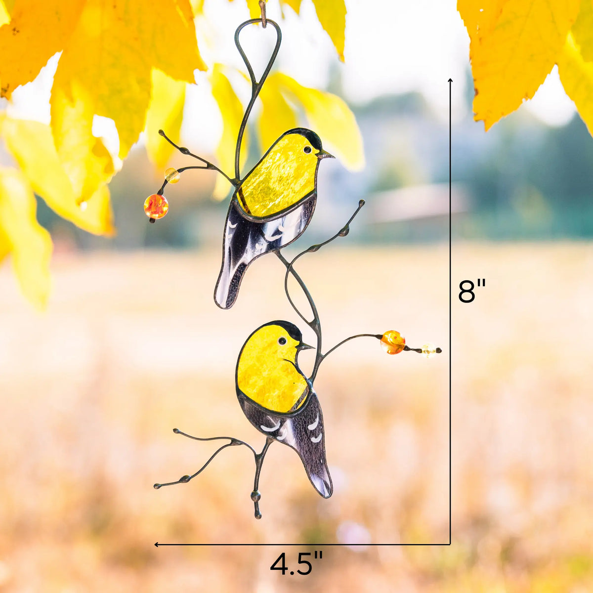 Pair of goldfinches Stained glass suncatcher with marked dimensions: 8 x 4.5 inches