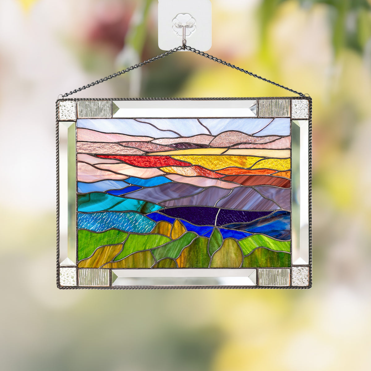 Stained glass window hanging featuring Blue Ridge mountains
