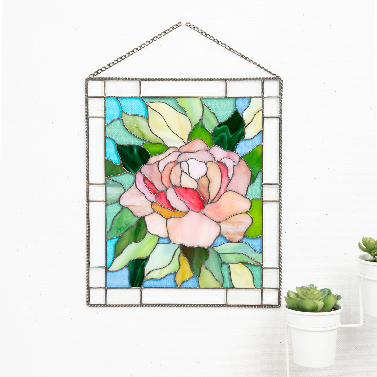 Stained glass peony panel with an elegant design on a white background