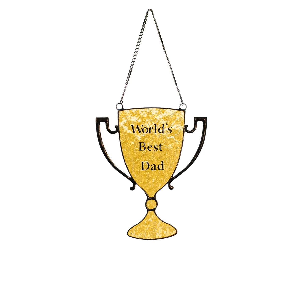 Decorative stained glass shaped like a trophy with 'World's Best Dad' text on a white background