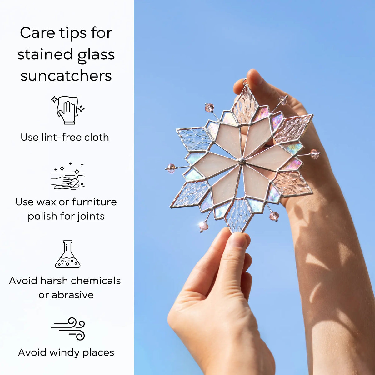 Stained glass suncatcher held by hands with care tips on a blue background: use lint-free cloth, polish joints with car wax or furniture polish, avoid harsh chemicals, and windy places.