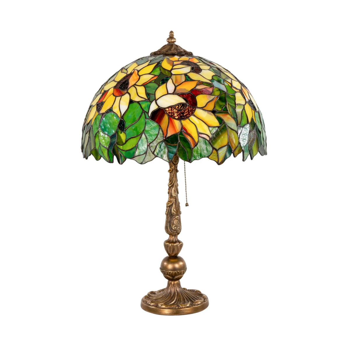 Stained glass table lamp with sunflowers and bronze stand on white background