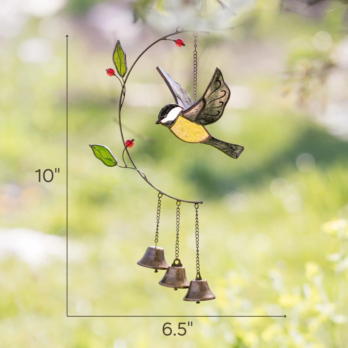 Stained glass wind chime with a chickadee design and bells, with dimensions: 10 x 6.5 inches