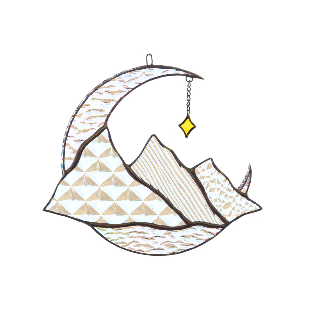 Decorative stained glass window hanging with geometric patterns and a yellow accent on a white background