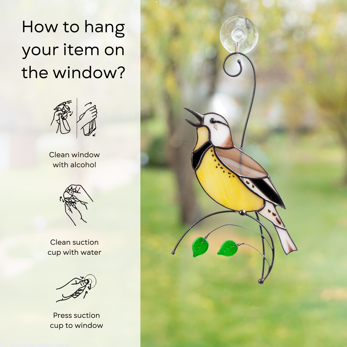 Step-by-step window hanging instructions for meadowlark suncatcher using suction cup: clean window and suction cup, press a cup to the surface