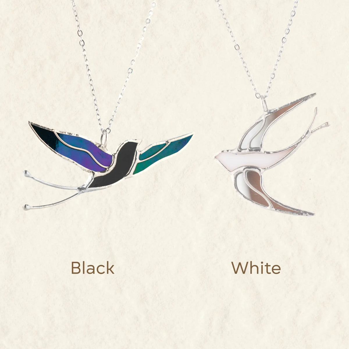Infographic - the swallow as a symbol of resilience and personal growth, on a handmade stained glass swallow necklace by Glass Art Stories since 1995