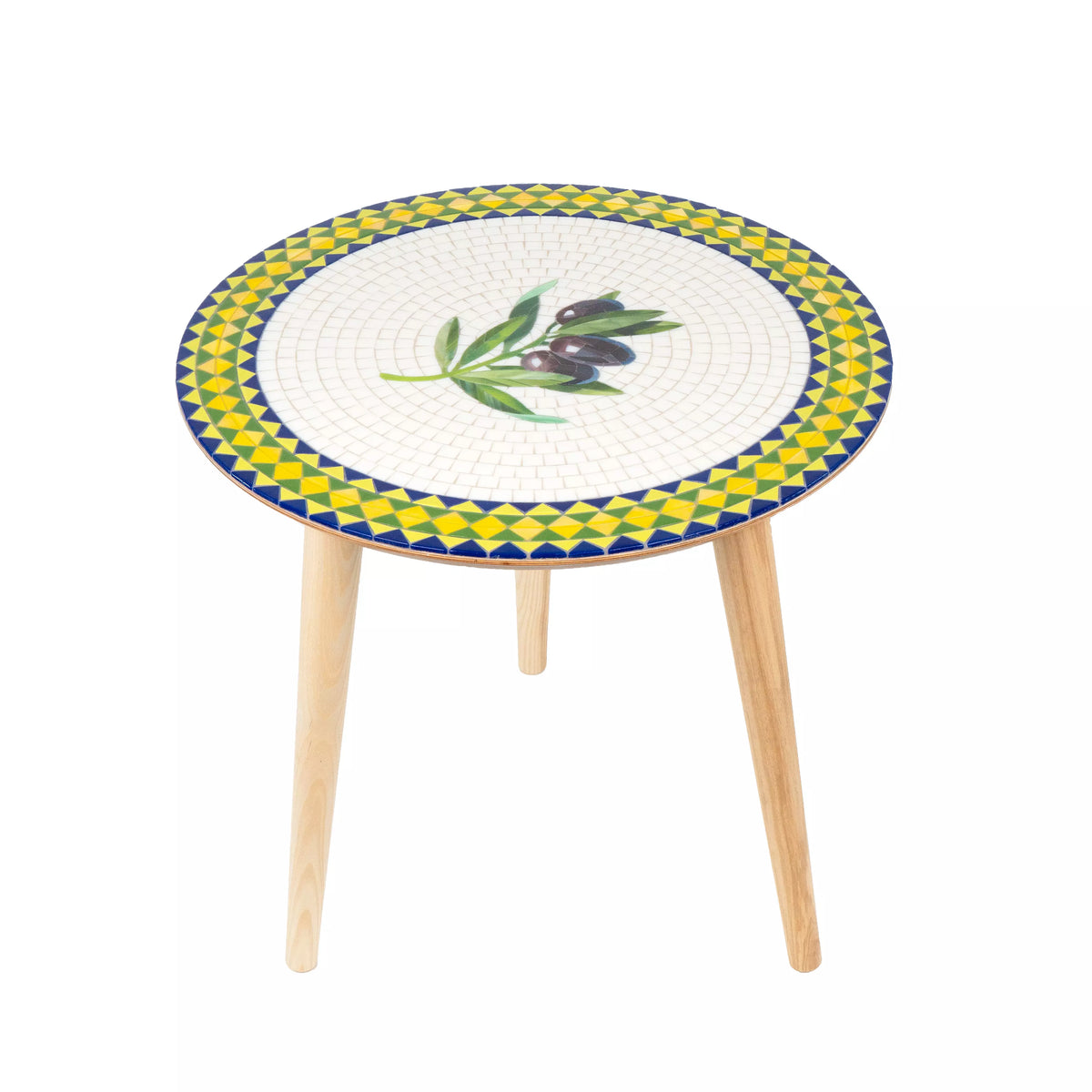 Round table with decorative top featuring a pattern and olive design on a white background