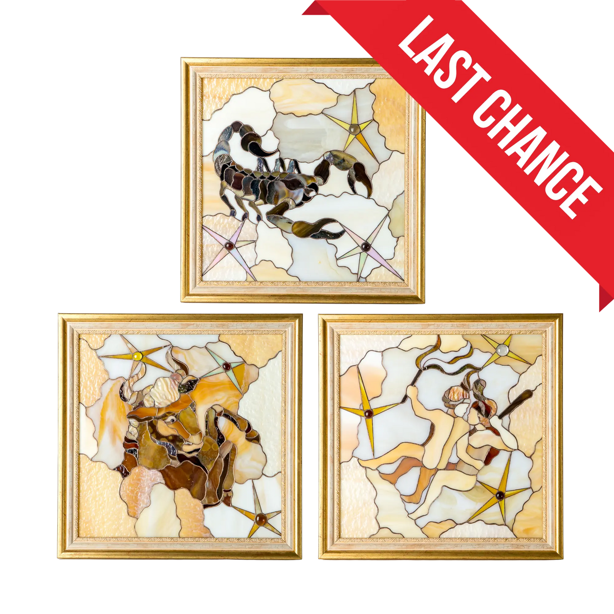 Three framed zodiac-themed stained glass art pieces arranged on a white background, with a red diagonal banner reading 'LAST CHANCE'. The top piece shows Scorpio, the middle shows Libra, and the bottom shows Virgo.